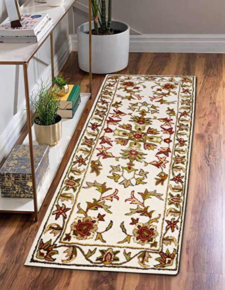 Bunkar Carpets Runner Rug for Bedroom | Living Room | Sofa Floor - Handmade Pure Wool - 2.5 FT x 8 FT - Ivory Cream - Floral Design