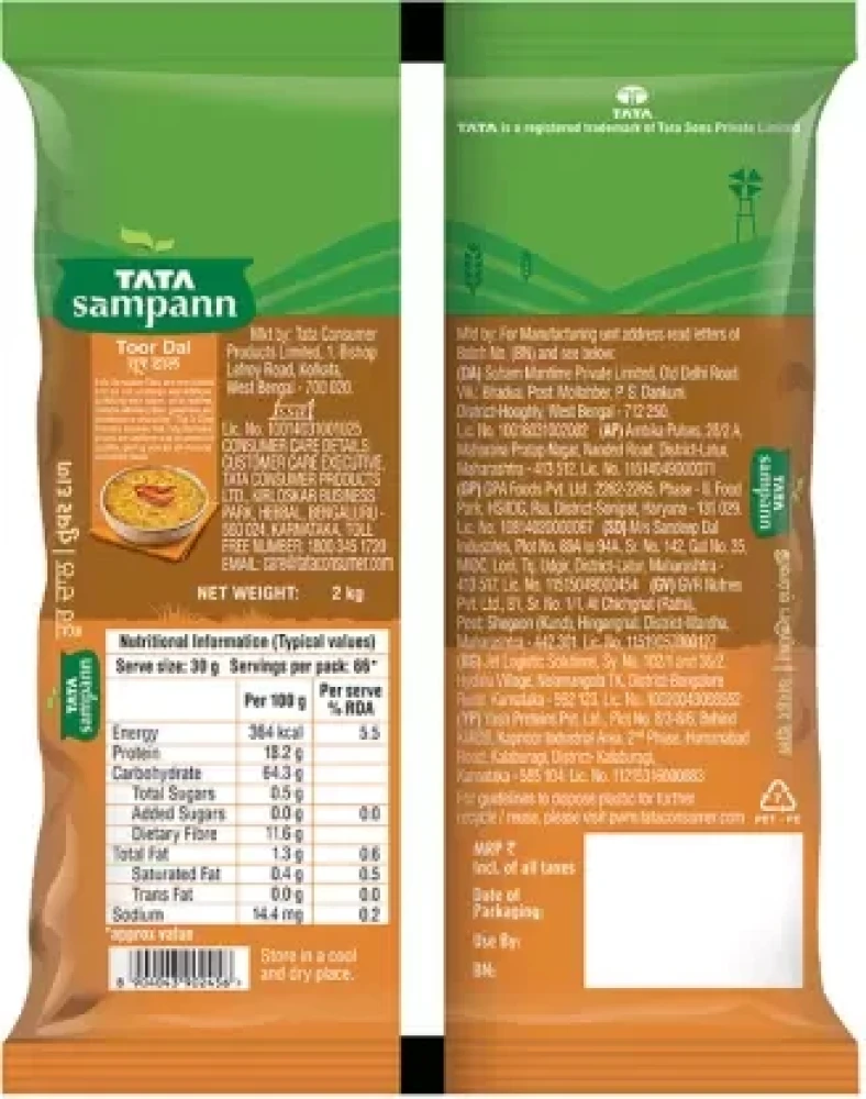 Tata Sampann Yellow Toor Arhar Dal Split 2kg